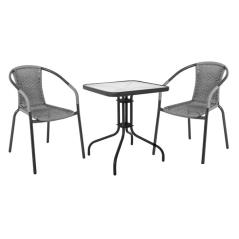 BALENO Set Κήπου - Βεράντας: Τραπέζι + 2 Πολυθρόνες Μέταλλο Ανθρακί - Wicker Mixed Grey Table:70x70x70 Chair:53x58x77