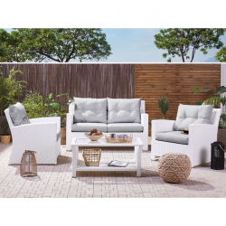 SUNNY Set Σαλόνι Καθιστικό Κήπου ALU, Wicker Άσπρο, Μαξιλάρια Γκρι 100x60x45/148x83x85/81x83x85cm