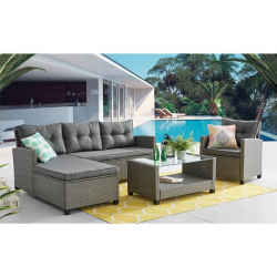 PATIO Set Σαλόνι Καθιστικό Κήπου / Steel / Wicker Γκρι / Μαξιλάρια Σκούρο Γκρι Τραπέζι+Καναπέ Γωνία+Πολυθρόνα