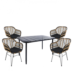 Σετ Τραπεζαρία Κήπου ArteLibre ANNIUS Μαύρο Μέταλλο/Rattan/Γυαλί Με 4 Καρέκλες 14990366