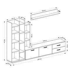 Σύνθεση σαλονιού Leman pakoworld σε λευκή-oak απόχρωση 240x35x154εκ