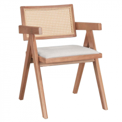 Πολυθρόνα Winslow pakoworld ξύλο rubberwood ανοικτό καρυδί-pvc rattan φυσικό-ύφασμα γκρι (56,4x63,5x80,5εκ)