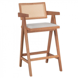 Σκαμπό bar Winslow pakoworld ξύλο rubberwood ανοικτό καρυδί-pvc rattan φυσικό-ύφασμα γκρι (51,5x53,6x100εκ)