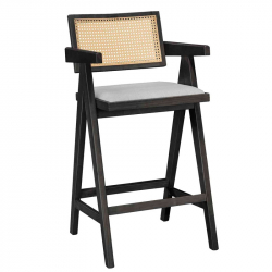Σκαμπό bar Winslow pakoworld ξύλο rubberwood μαύρο-pvc rattan φυσικό-ύφασμα γκρι (51,5x53,6x100εκ)