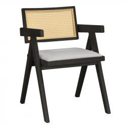 Πολυθρόνα Winslow pakoworld ξύλο rubberwood μαύρο-pvc rattan φυσικό-ύφασμα γκρι (56,4x63,5x80,5εκ)