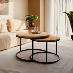 Τραπέζια σαλονιού Solme pakoworld σετ 2τεμ φυσικό μελαμίνης-μαύρο μέταλλο (75x75x45εκ)