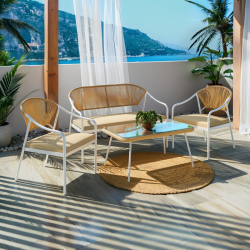 Σαλόνι Bonanza pakoworld σετ 4τμχ rattan μπεζ-αλουμίνιο λευκό (124x64x78εκ)