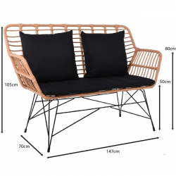 SALSA MAX Living Καναπές Κήπου 2Θέσιος, Μέταλλο Βαφή Μαύρο, Wicker Φυσικό, Μαξιλάρια Μαύρο  147x70x105cm