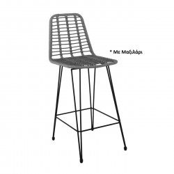 SALSA Σκαμπό BAR-Pro με Πλάτη, Μέταλλο Βαφή Μαύρο - Wicker Γκρι, με Μαξιλάρι Μαύρο  45x55x75/113cm