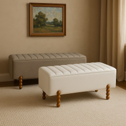 Σκαμπό μπαούλο Daph Inart σετ 2 τεμ βελούδο ύφασμα σε μπεζ και λευκή απόχρωση (110x46x45εκ)