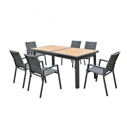 NAPOLI Set Dining ALU Κήπου: 6 Πολυθρόνες + Τραπέζι Επεκτ/νο Μαύρο-Καρυδί-Textilene Ανθρακί  Tab:186+60x95x77Chair:59x62x90