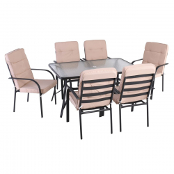 ASTOR Set Τραπεζαρία Κήπου: Τραπέζι + 6 Πολυθρόνες Μέταλλο Ανθρακί, Γυαλί, Μαξιλάρι Μπεζ  Table:150x90x75 Chair60x77x104
