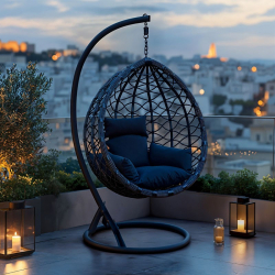 Κούνια φωλιά με βάση Lyere pakoworld μέταλλο γκρι-pe rattan σε γκρι απόχρωση 120x108x195εκ