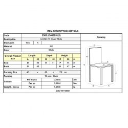 ILONA PP Καρέκλα Εστίασης - Catering Στοιβαζόμενη PP Άσπρο  40x47x89cm