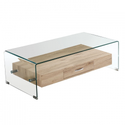 GLASSER Wood Τραπεζάκι Σαλονιού Γυαλί 12mm - Ράφι με Συρτάρι Απόχρωση Δρυς  110x55x35cm