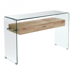 GLASSER Wood Κονσόλα Γυαλί Clear 12mm - Ράφι με Συρτάρι Απόχρωση Δρυς  120x40x75cm
