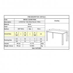 LAVIDA Τραπέζι BAR Μέταλλο Βαφή Φυσικό, Άσπρο MDF  120x60x106cm