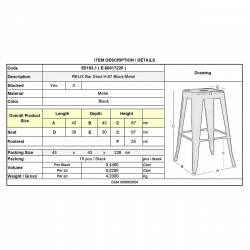 RELIX Σκαμπό Bar-Pro H.67cm, Στοιβαζόμενο, Μέταλλο Βαφή Μαύρο  43x43 H.67cm
