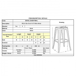 RELIX Σκαμπό Bar-Pro H.67cm, Στοιβαζόμενο, Μέταλλο Βαφή Άσπρο  43x43 H.67cm
