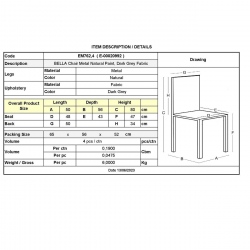 BELLA Καρέκλα Τραπεζαρίας, Μέταλλο Βαφή Φυσικό, Ύφασμα Απόχρωση Σκούρο Γκρι  50x56x80cm