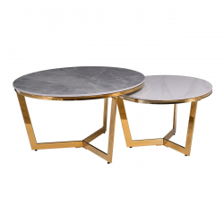 OTTO Set 2 Τραπεζάκια Σαλονιού , Χρώμιο Χρυσό, Sintered Stone Grey-White Marble  Φ.80 H.45cm + Φ.60 H.38cm