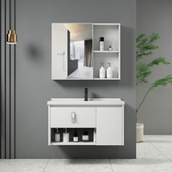 IDEA-2 Set Έπιπλο Κρεμαστό Μπάνιου Άσπρο, Καθρέπτης + Πάγκος με Νιπτήρα και Μπαταρία  Up:55x11x60cm Down:60x47x45cm