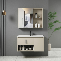 IDEA-2 Set Έπιπλο Κρεμαστό Μπάνιου Cream, Καθρέπτης + Πάγκος με Νιπτήρα και Μπαταρία  Up:55x11x60cm Down:60x47x45cm