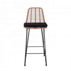 SALSA Σκαμπό BAR-Pro με Πλάτη, Μέταλλο Βαφή Μαύρο - Wicker Φυσικό, με Μαξιλάρι Μαύρο  45x55x75/113cm