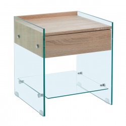 GLASSER Wood Κομοδίνο Διάφανο Γυαλί 10mm - με Συρτάρι Απόχρωση Δρυς  45x45x50cm