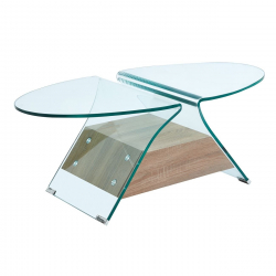 GLASSER Wood Τραπεζάκι Σαλονιού Oval, Διάφανο Γυαλί 12mm, Ράφι Απόχρωση Δρυς  100x54x39cm