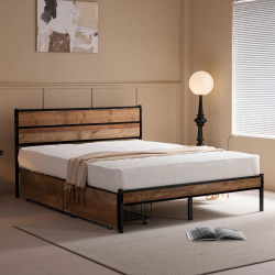 PALLET Κρεβάτι Διπλό-Συρτάρια, για Στρώμα 160x200cm, Μέταλλο Βαφή Μαύρο, Antique Oak  162x207x95cm