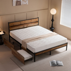 PALLET Κρεβάτι Διπλό-Συρτάρια, για Στρώμα 160x200cm, Μέταλλο Βαφή Μαύρο, Antique Oak  162x207x95cm