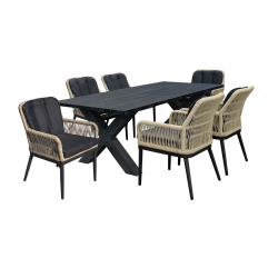 ALLEY Set Τραπεζαρία ALU Ανθρακί-Rope Φυσικό: Τραπέζι 180x94 + 6 Πολυθρόνες με Μαξιλ  Table:180x94x72 Chair:62x64x85