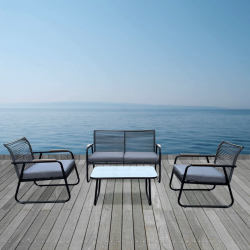 ROCCO Set Σαλόνι Κήπου 4τεμ, Μέταλλο Μαύρο,RopeWicker Γκρι, Μαξιλ.Σκούρο Γκρι, Γυαλί Μαύρο  2 Πολυθρ+1 Καναπ+1 Τραπεζάκι