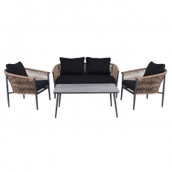 GASBA Set Σαλόνι Κήπου 4τεμ, Alu Ανθρακί, Rope Wicker Φυσικό, Μαξιλάρια Σκούρο Γκρι  2 Πολυθρ+1 Καναπ+1 Τραπεζάκι
