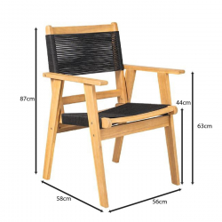 COFFEE Dining Πολυθρόνα Βεράντας - Κήπου, Ξύλο Ακακία Φυσικό, Rope Wicker Μαύρο  58x56x87cm