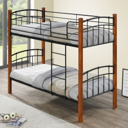 NORTLAN Κρεβάτι Κουκέτα Μέταλλο Βαφή Μαύρο, Ξύλο Καρυδί  97x201x160cm (Στρώμα 90x190cm)