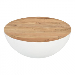 Τραπέζι σαλονιού Coffelty Inart λευκό μέταλλο-μασίφ ξύλο ακακίας Φ90x40εκ