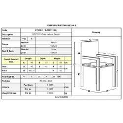 DESTINY Καρέκλα Τραπεζαρίας Οξιά Φυσικό, Κάθισμα Ψάθα, Στοιβαζόμενη  48x52x89cm