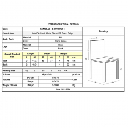 LAVIDA Καρέκλα Τραπεζαρίας Κουζίνας, Μέταλλο Βαφή Μαύρο, PP Sand Beige  43x48x77cm