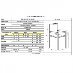 GARDEN Πολυθρόνα Βεράντας - Κήπου, Ξύλο Ακακία, Ψηλή Πλάτη 5 Θέσεων, Πτυσσόμενη, Καρυδί  58x70x110cm