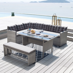CENTER Set Σαλόνι Καθιστικό - Τραπεζαρία Κήπου 9-θέσεων, Μέταλλο-Wicker Γκρι+ Μαξιλάρια  Τραπέζι+Καναπές Γωνία+Πάγκος