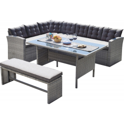 CENTER Set Σαλόνι Καθιστικό - Τραπεζαρία Κήπου 9-θέσεων, Μέταλλο-Wicker Γκρι+ Μαξιλάρια  Τραπέζι+Καναπές Γωνία+Πάγκος