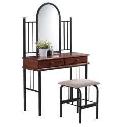 FLORA SET Τουαλέτα με Καθρέπτη + Σκαμπό 2 Συρτάρια, Μέταλλο Βαφή Μαύρο, Ξύλο Καρυδί  90x37x148cm - Stool:40x34x47cm