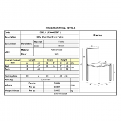 DOM Καρέκλα Τραπεζαρίας Απόχρωση Oak, Ύφασμα Καφέ  48x51x79cm