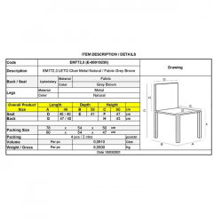 LETO Καρέκλα Τραπεζαρίας Κουζίνας, Μέταλλο Βαφή Φυσικό, Ύφασμα Grey Brown  46x57x86cm