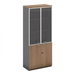 PROLINE Βιβλιοθήκη Γραφείου, 3 Ράφια Πόρτες Γυαλί, Ντουπάπι, Απόχρωση Καρυδί Δρυς - Μαύρο  80x40x200cm