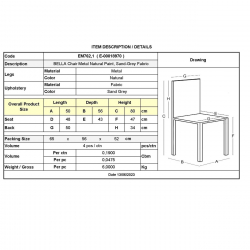 BELLA Καρέκλα Τραπεζαρίας, Μέταλλο Βαφή Φυσικό, Ύφασμα Απόχρωση Sand Grey  50x56x80cm