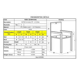 DAFNE Πολυθρόνα Τραπεζαρίας Κήπου Στοιβαζόμενη, PP Rattan Look UV Protection, Άσπρo  54x55x85cm