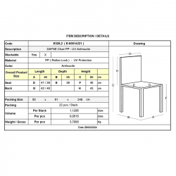 DAFNE Καρέκλα Τραπεζαρίας Κήπου Στοιβαζόμενη, PP Rattan Look UV Protection, Ανθρακί  46x55x85cm